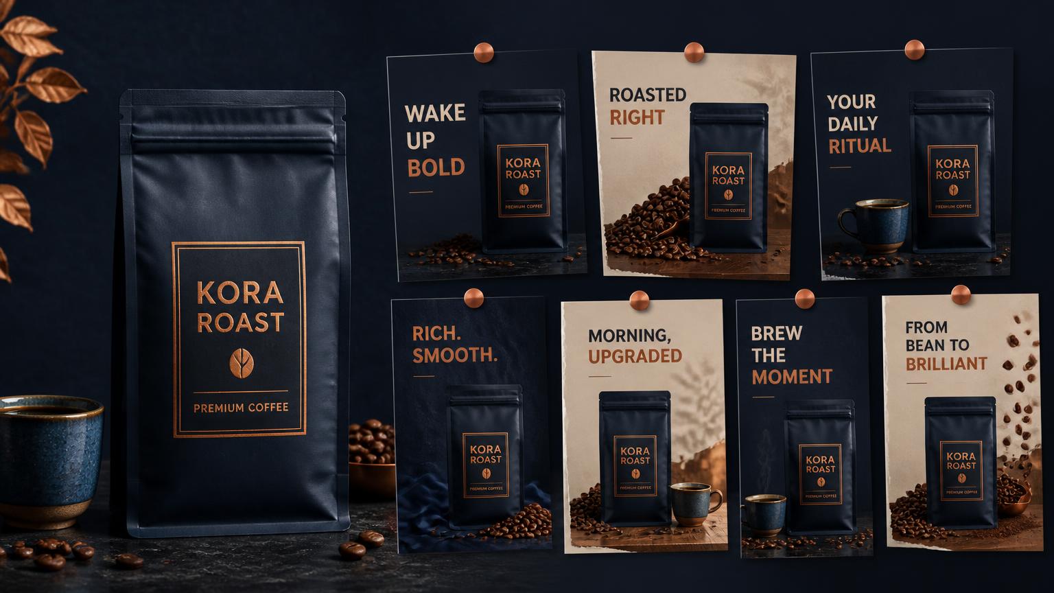 A premium coffee bag beside seven distinctive campaign artworks that preserve the product packaging and label