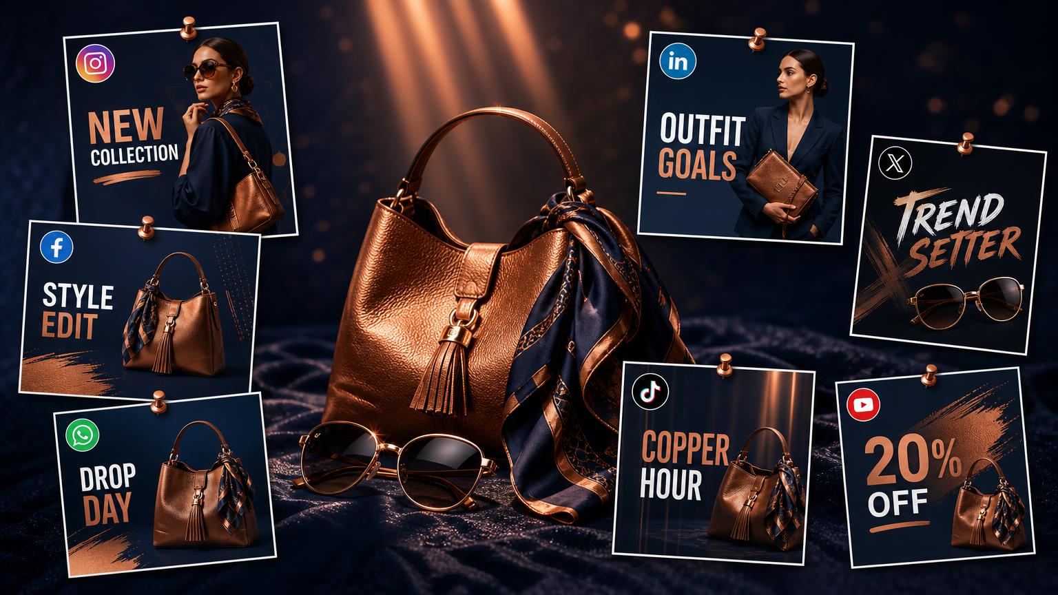 A copper leather handbag fashion campaign beside seven pinned platform post cards