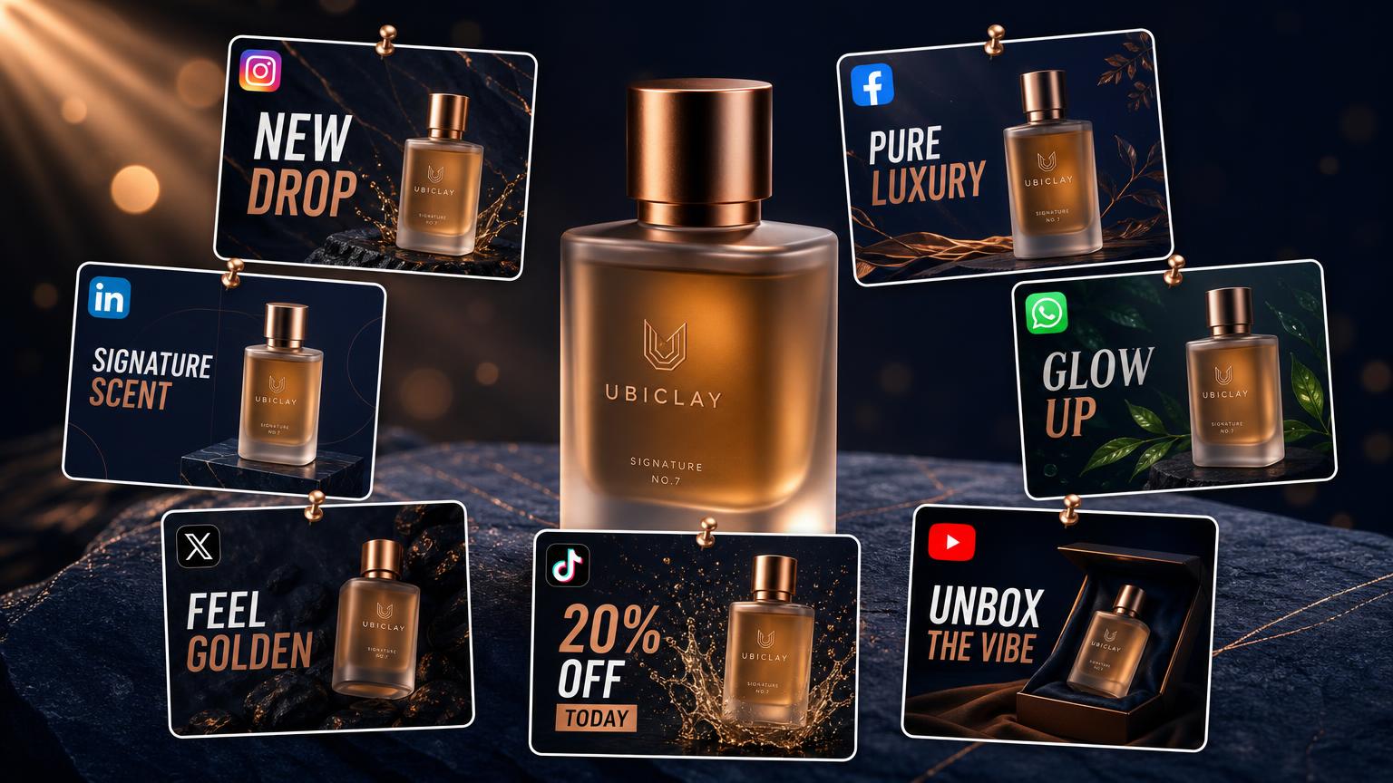 A luxury perfume bottle beside seven pinned platform post cards with bold campaign copy